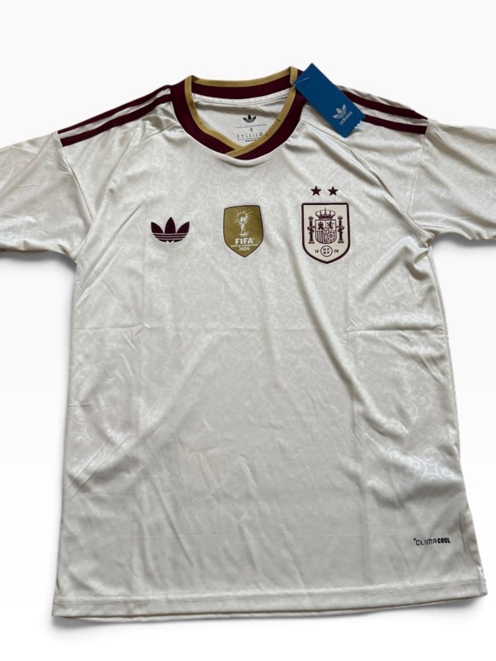 adidas White & Maroon Spain Football Jersey with Gold FIFA Badge